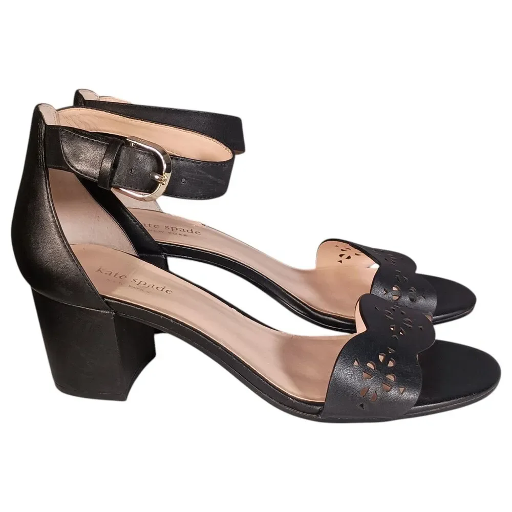Kate Spade New York Willow Sandal Shoe 8.5 Block Heel Ankle Strap Black Leather